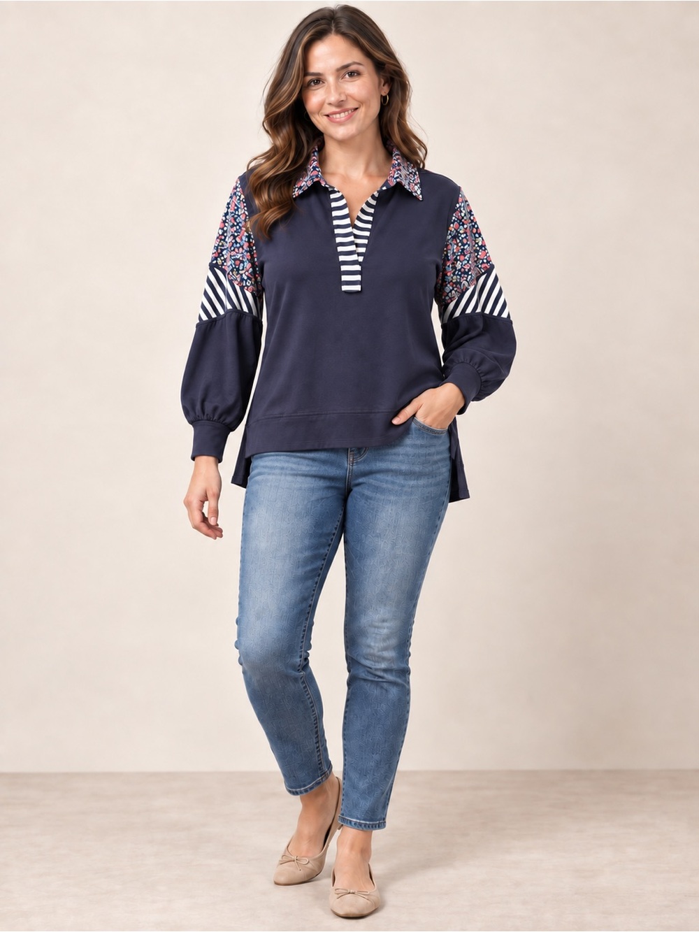 Umgee Navy Floral & Striped Mixed Print Tunic Top Size Large EUC